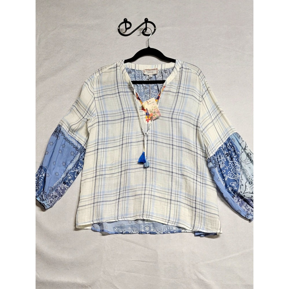 Johnny Was Workshop Blue White Patchwork V-Neck Tassel Blouse Size L